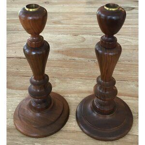 Pair of Fitzhugh Solid Turned Walnut Candle Sticks Holders Tapered Mid Century